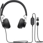 Logitech Zone Wired Headset, Certified for Microsoft Teams with advanced noise-canceling mic technology for open office environments, USB-C with USB-A adapter, Graphite