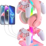 VCOM RGB Gaming Headphones Stand with 2 USB and 1 Type-C Ports, Pink Headset Stand with 10 Light Modes and Non-Slip Rubber,Suitable for PC Desk Accessories Gamers Gift(Pink)