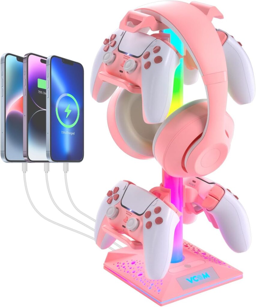 VCOM RGB Gaming Headphones Stand with 2 USB and 1 Type-C Ports, Pink Headset Stand with 10 Light Modes and Non-Slip Rubber,Suitable for PC Desk Accessories Gamers Gift(Pink)