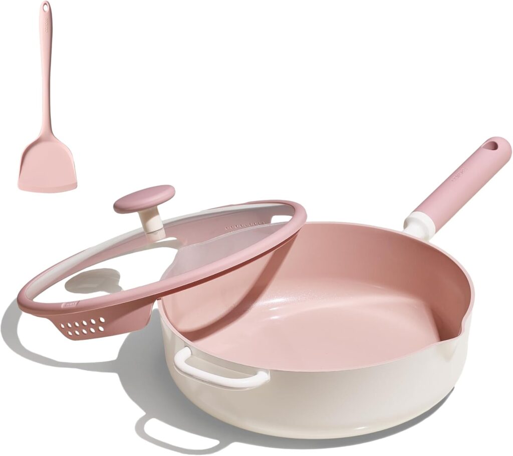 CAROTE 11 Inch Nonstick Deep Frying Pan with Lid, 5 Qt Chef Saute Pan with Pour Spout, Skillet Induction Cookware, Non Stick Cooking Pan Kitchen Pan, Healthy & PFOA/PFAS Free, Includes Spatula, Pink