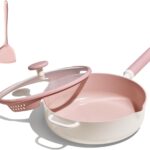 CAROTE 11 Inch Nonstick Deep Frying Pan with Lid, 5 Qt Chef Saute Pan with Pour Spout, Skillet Induction Cookware, Non Stick Cooking Pan Kitchen Pan, Healthy & PFOA/PFAS Free, Includes Spatula, Pink