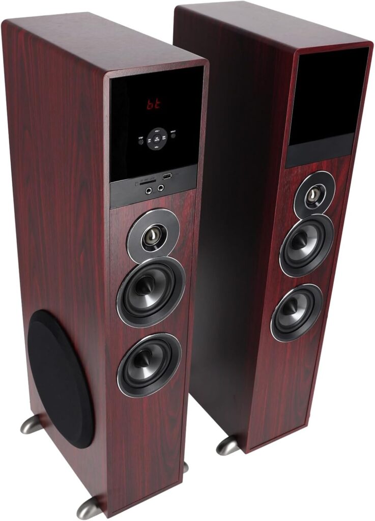 Rockville TM80C Powered Home Theater Tower Speaker System, Cherry Wood, 800W, 8″ Subwoofers, Bluetooth, USB/SD Playback, FM Radio, Remote Control, Karaoke Ready, Perfect for Home Entertainment