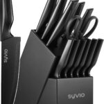 syvio Block Knife Set, 15 Pcs Kitchen Knife Set with Block and Sharpener, with Heavy Poultry Shears and 6pcs Serrated Steak Knives Razor-Sharp, Stainless Steel, Lightweight, Anti-Slip Handle