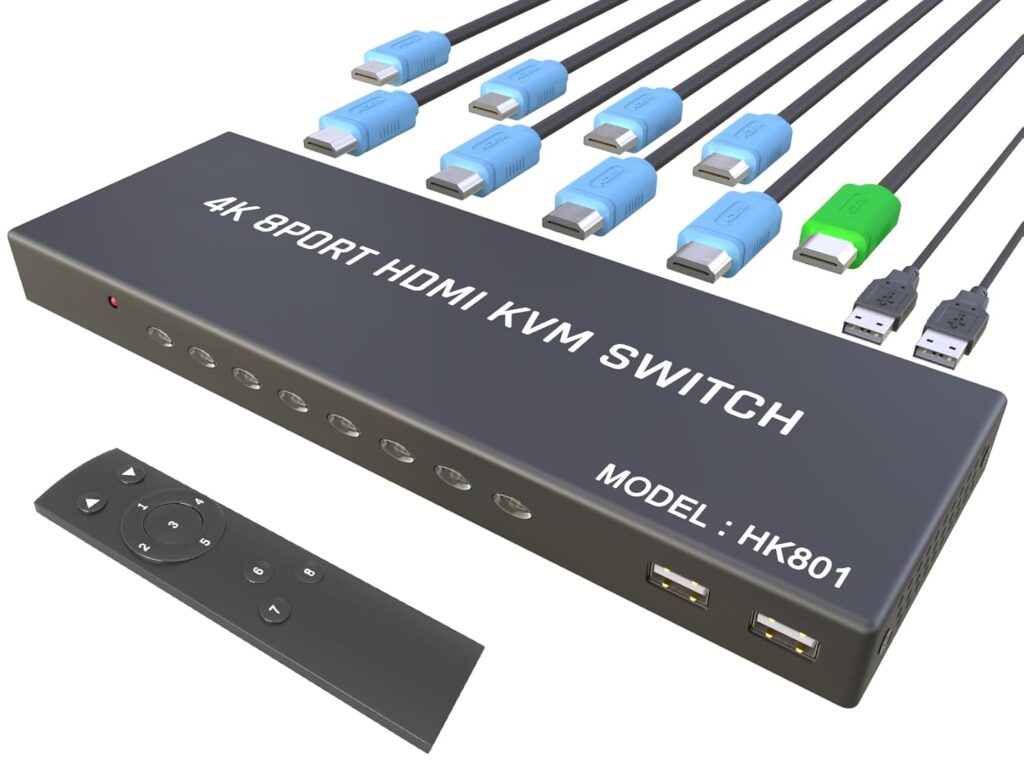 KVM Switch HDMI 8 Port – HDMI Switch with Remote- USB Switch Selector for 8 Computers Share Keyboard Mouse Printer,Flash Drive,HD Monitor, Support 4K@60Hz, 8 KVM Cables 1 Remote Included