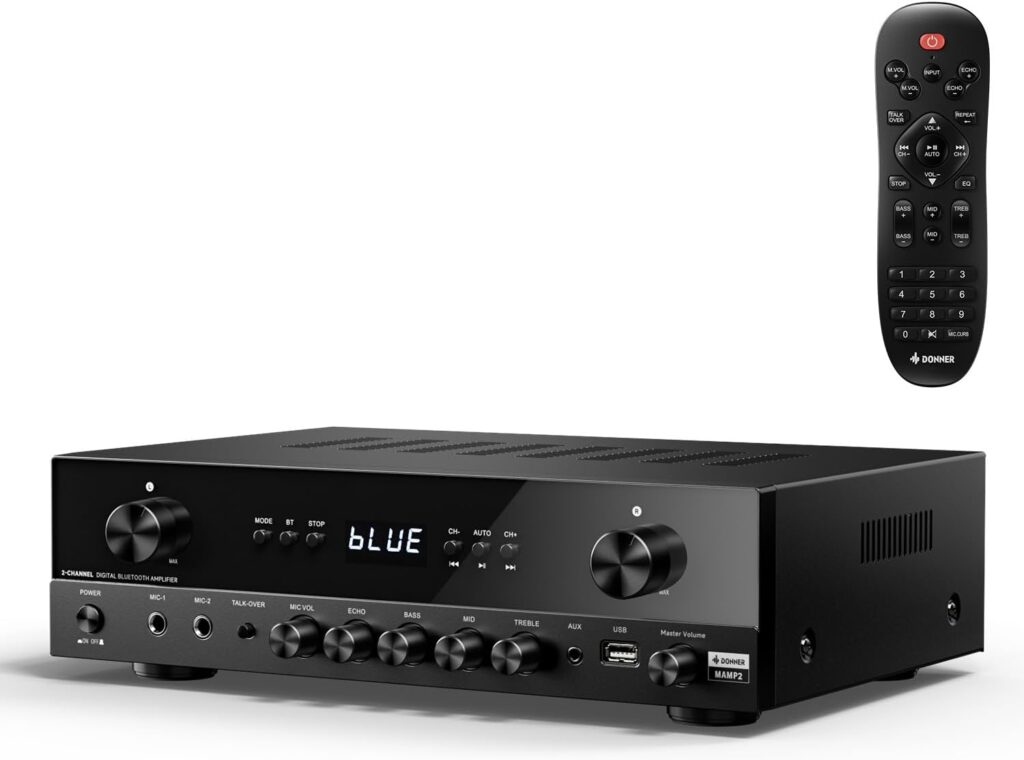 Donner Stereo Audio Amplifier, 600W Peak 2 Channel Receiver with Bluetooth 5.3, Phono, Optical, Coaxial, USB, FM, 2 Mic-in, Aux, RCA Input for Home, Karaoke, Theater Speakers, MAMP2