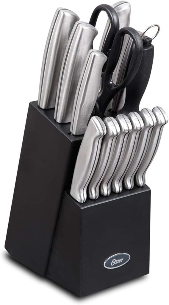 Oster Baldwyn 14 Piece Stainless Steel Cutting Kitchen Knife Cutlery Set with Swivel Block Holder and Knife Sharpener, Brushed Satin