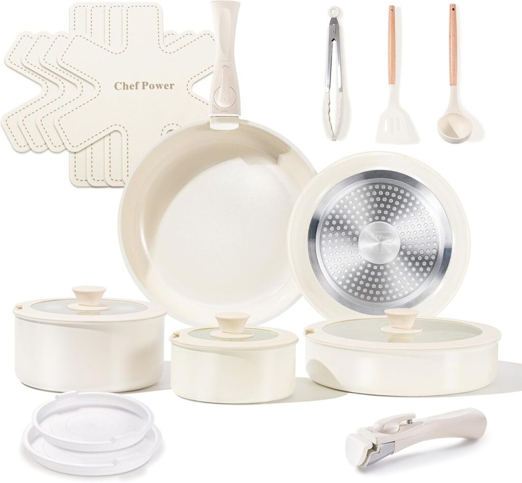 Chef Power Ceramic Cookware Set Non Toxic with Detachable Handles, Healthy Nonstick Pans and Pots Set 19 Pcs, Induction Dishwasher Oven Safe Kitchen Set, PFAS PFOA & PTFE Free, Cream White