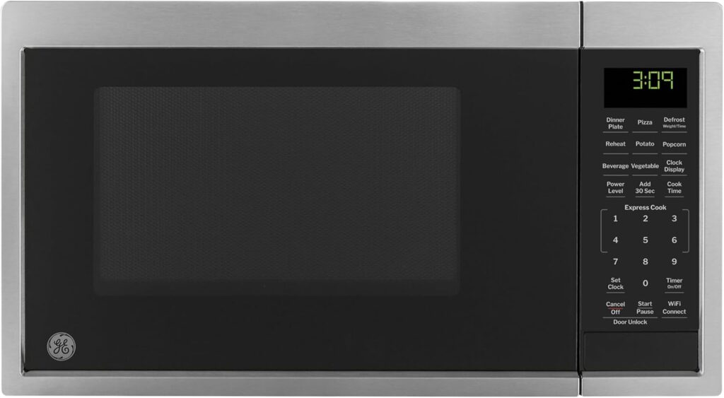 GE GCST09U1WSS Smart Countertop Microwave Oven, Scan-to-Cook Technology and WiFi-Connectivity, 900 Watts Child-Lock Home & Kitchen Essentials, 0.9 Cu. Ft, Stainless Steel