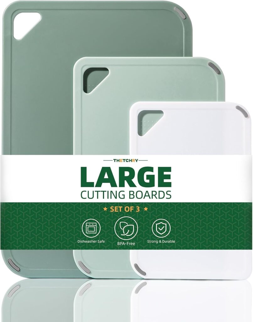 Plastic Cutting Board Set of 3-Cutting Boards for Kitchen BPA Free, Large-Small Chopping Boards Non-Slip for Cooking Camping Dishwasher Safe, Reversible, with Grip Handle, 15″×10″×0.6″ Green