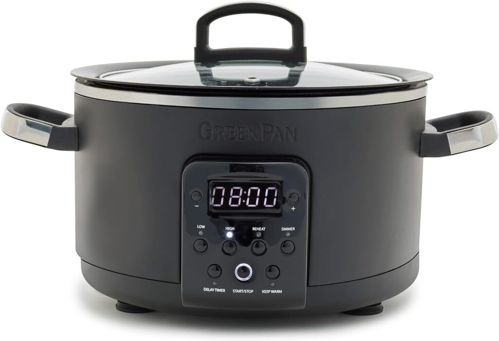 GreenPan 6-in-1 4QT Electric Ceramic Slow Cooker with Glass Lid, Multifunction Presets, Hard Anodized PFAS-Free Removeable Nonstick Crock, Dishwasher Safe, Auto Warm, Delay Timer, Stews, Reheat, Black