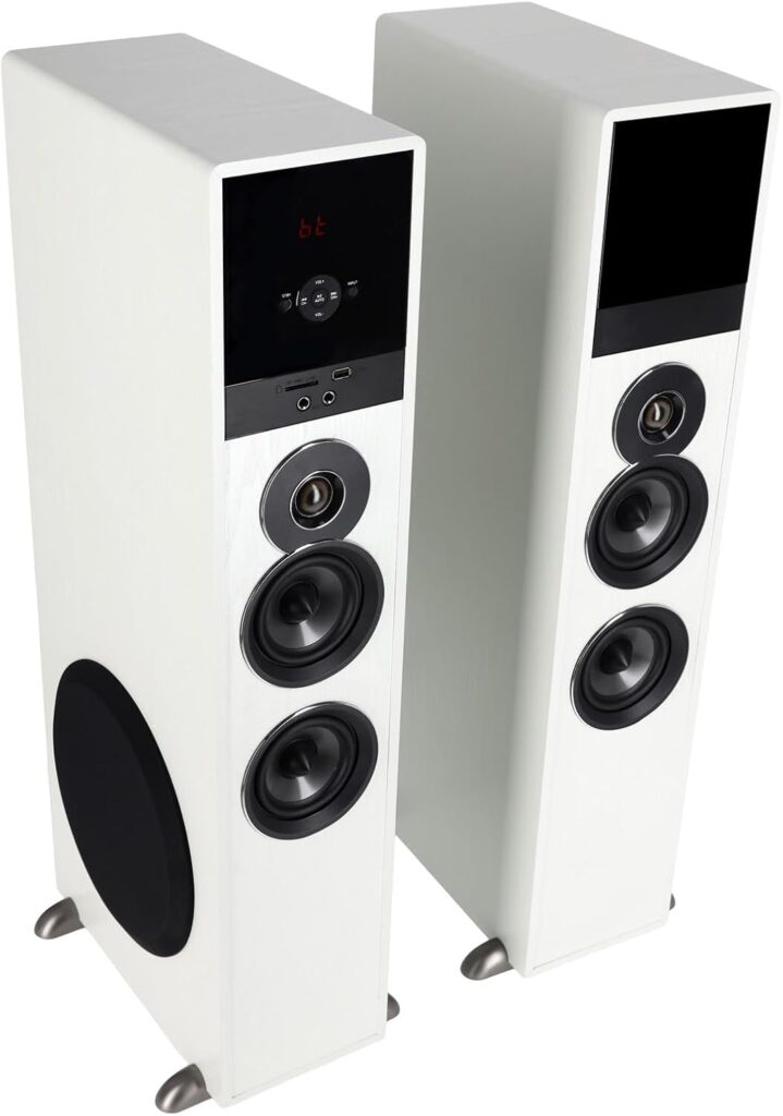 Rockville TM80W Powered Home Theater Tower Speaker System, White, 800W, 8″ Subwoofers, Bluetooth, USB/SD Playback, FM Radio, Remote Control, Karaoke Ready, Perfect for Home Entertainment