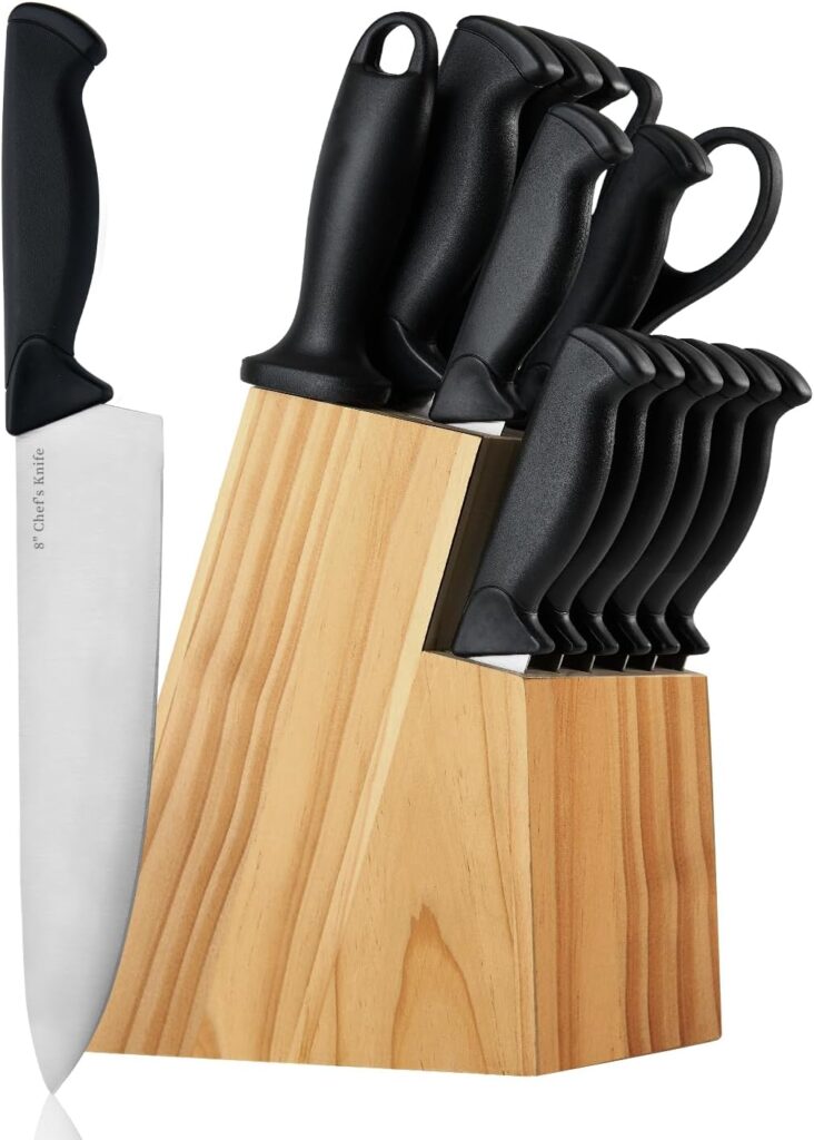 XANAPON Knife Set, 14 Pieces Kitchen Knife Set, High Carbon German Stainless Steel, Dishwasher Safe Cutlery with Sharpener, Natural