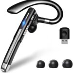 Bluetooth Headset V6.1,Single-Ear Wireless Headset with USB Dongle for Computer,10 Talk Time Wireless Earpiece, Hand-Free Noise Canceling Headphones with Dual-Mic for Computer Cell Phones Trucker Work
