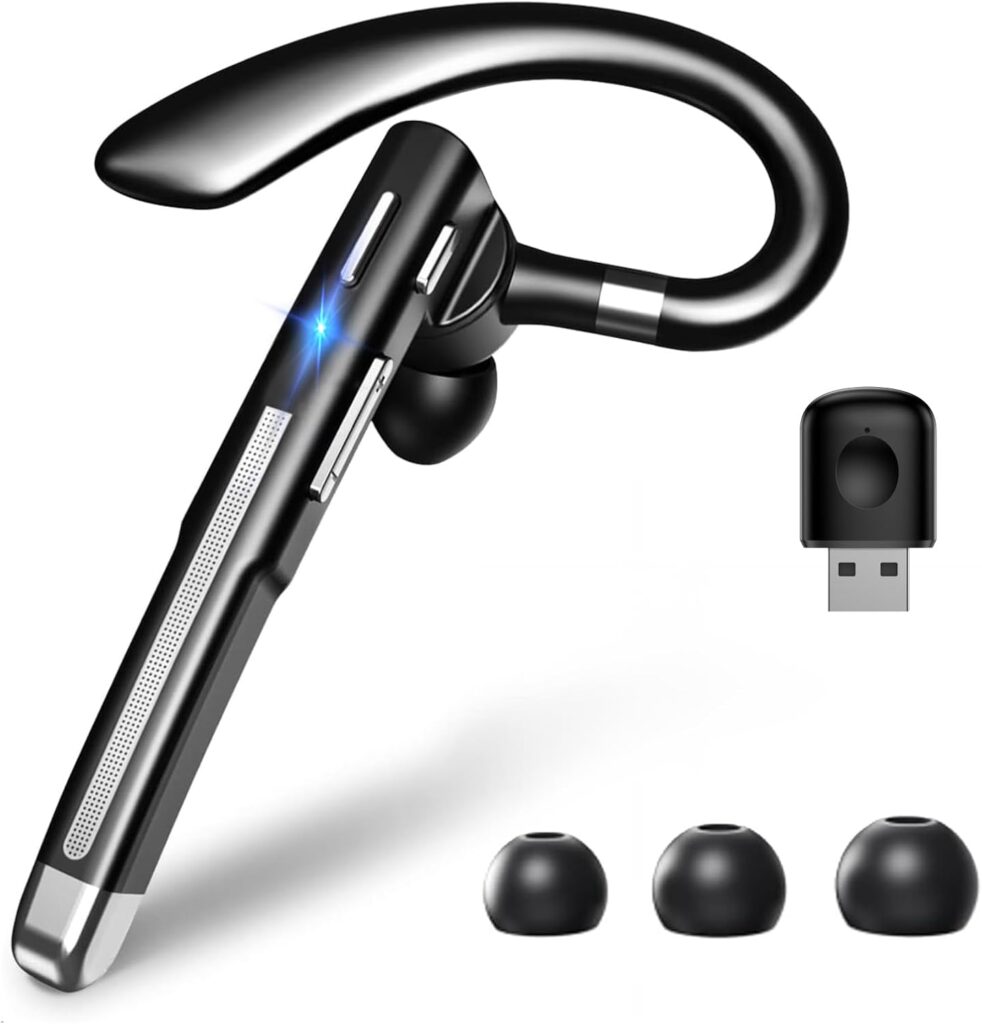 Bluetooth Headset V6.1,Single-Ear Wireless Headset with USB Dongle for Computer,10 Talk Time Wireless Earpiece, Hand-Free Noise Canceling Headphones with Dual-Mic for Computer Cell Phones Trucker Work