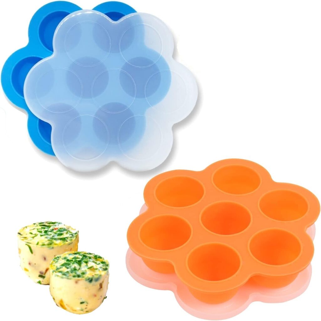 GOKCEN’s Silicone Egg Bite Molds [2 Pack] Instant Pot Accessories – Fit Instant Pot 5,6,8 qt Pressure Cooker – Food Freezer Tray with Lid – Reusable Storage Container (Orange & Blue – Egg Bite Mold)