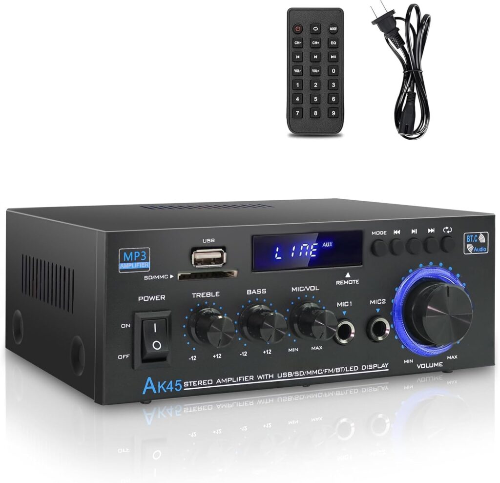 Stereo Home Audio Amplifier Receiver AK45, 400W Bluetooth 5.0 HiFi Stereo Power Amplifier 2.0 Channel RMS 40W x 2 Home Audio System with Remote Control Amp W/MIC,USB,RCA,FM Radio