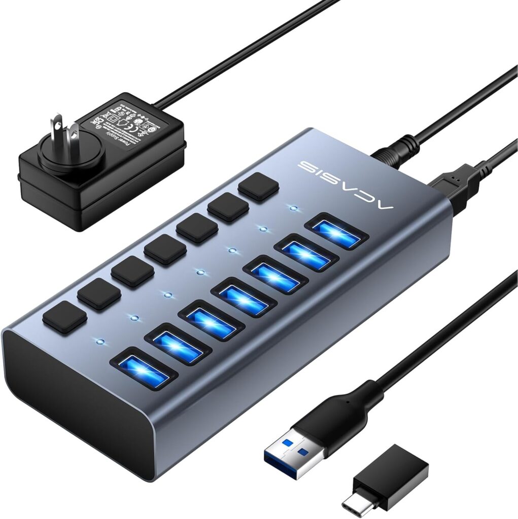 Powered USB 3.1 Hub, ACASIS 7 Ports USB 3.1 Hub with 10Gbps Data Speed,Aluminum Housing, USB Hub Powered with 24W Power Adapter, USB Hub for PC/Laptop, Computer, Flash Drive, Printer, Camera