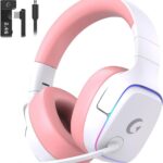 2.4GHz Wireless Gaming Headsets for PS5, PS4, PC, Switch – Bluetooth 5.3 Gaming Headphones with Noise Canceling Mic, 7.1 Surround Sound, 70H Battery, RGB Lighting – Pink