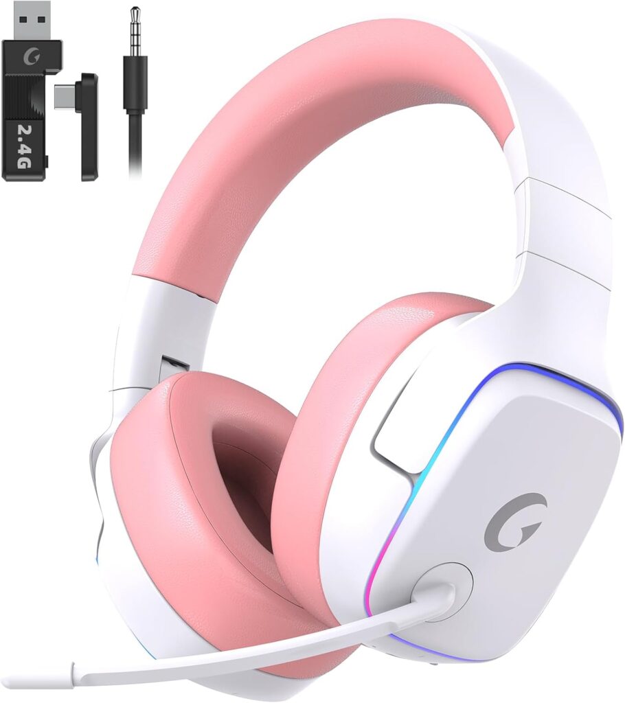 2.4GHz Wireless Gaming Headsets for PS5, PS4, PC, Switch – Bluetooth 5.3 Gaming Headphones with Noise Canceling Mic, 7.1 Surround Sound, 70H Battery, RGB Lighting – Pink