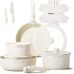 JEETEE Pots and Pans Set Non Stick 17pcs, Kitchen Cookware Sets with Detachable Handle, Induction Nonstick Cookware Set with Removable Handle, Stackable RV Cookware, Oven Safe, PFAS/PFOA Free, Beige