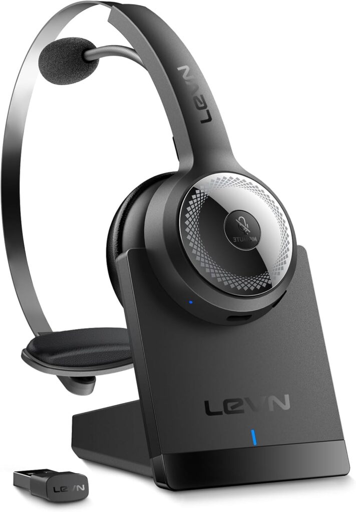 LEVN Wireless Headset with Mic for Work, Wireless Headset (Charging Base, Noise Cancelling & Mute Button), Long Battery Life, Bluetooth Headsets for Home/Office/Call Center/Laptop/Teams/Zoom, Black