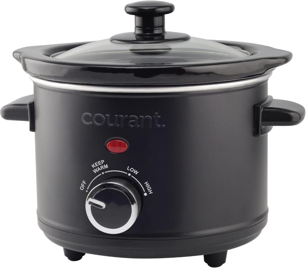 Courant Small Slow Cooker 1.6 QT, 3 Heat Settings, Removable Ceramic Pot” Easy Clean, Dishwasher Safe, Mini Slow Cooker, Black Stainless
