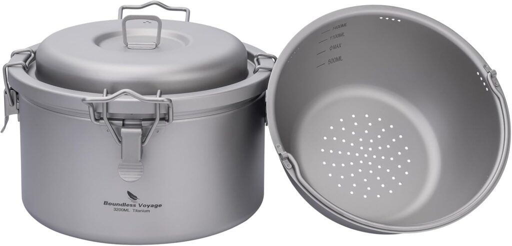 Boundless Voyage Titanium Pot Ultralight Rice Cooker Large Capacity 3.2L Cooking Pot + 1.4L Liner Backpacking Camping Cookware Ti2092C