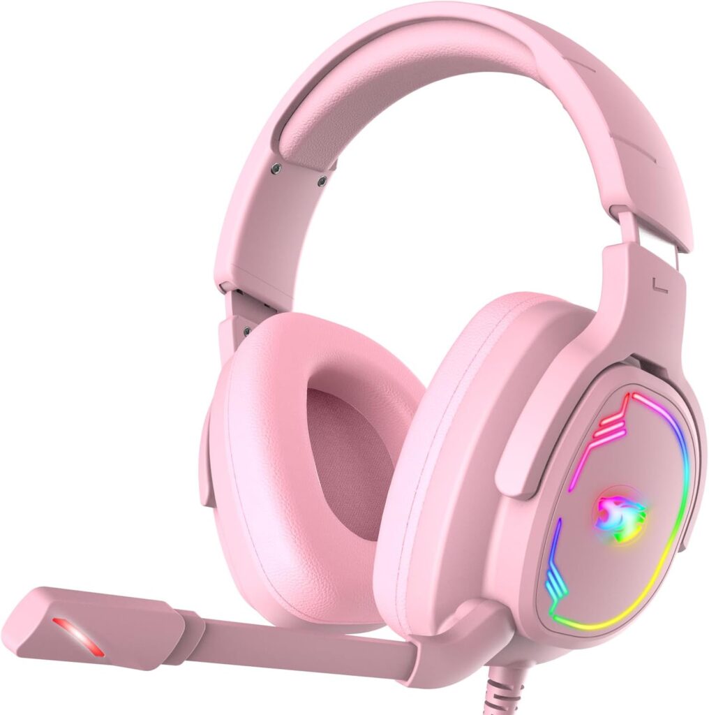 Gaming Headset for PC/PS4/PS5/Xbox One/Switch, Stereo Surround Sound Gaming Headphones with Noise Canceling Flexible Mic, Computer Headset with 3.5mm Jack & RGB Light(Pink)