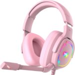 Gaming Headset for PC/PS4/PS5/Xbox One/Switch, Stereo Surround Sound Gaming Headphones with Noise Canceling Flexible Mic, Computer Headset with 3.5mm Jack & RGB Light(Pink)