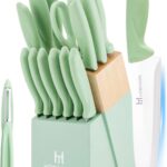 Green Knife Set, Howashin 15 Pieces Knife Sets for Kitchen with Block, Dishwasher Safe Kitchen Knife Set with Sharpener, German Stainless Steel Black Knife Block Set