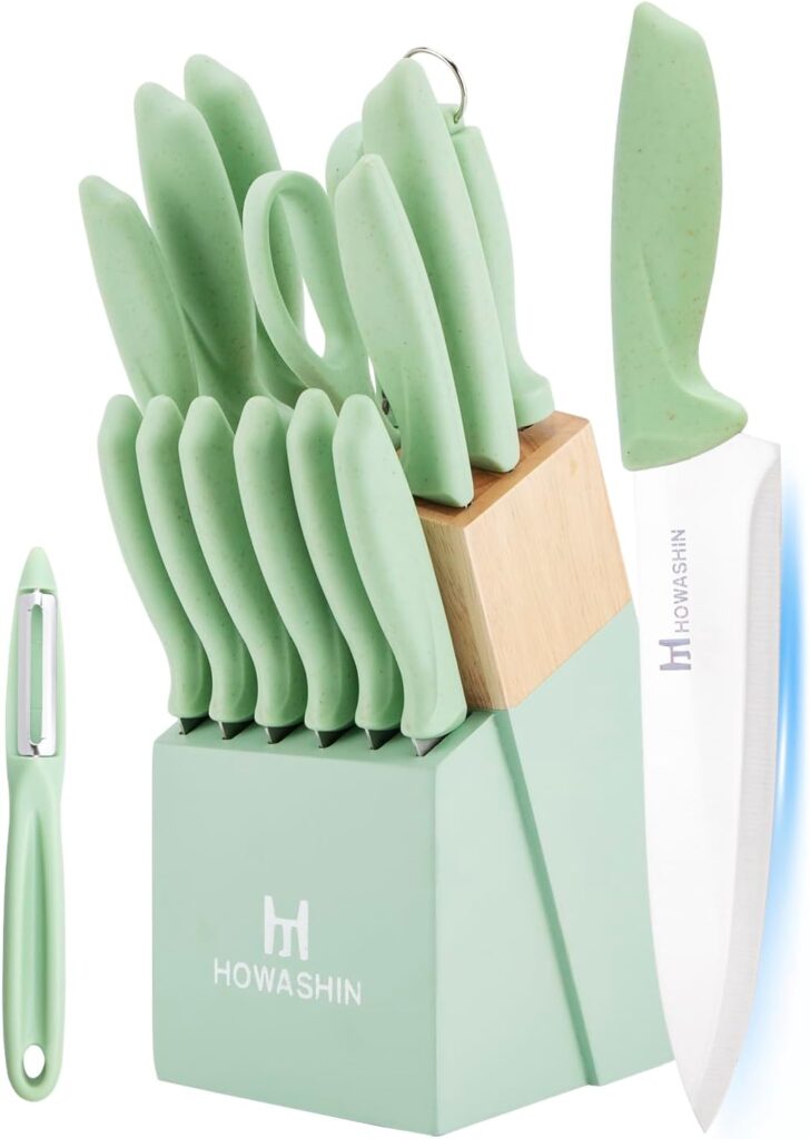 Green Knife Set, Howashin 15 Pieces Knife Sets for Kitchen with Block, Dishwasher Safe Kitchen Knife Set with Sharpener, German Stainless Steel Black Knife Block Set