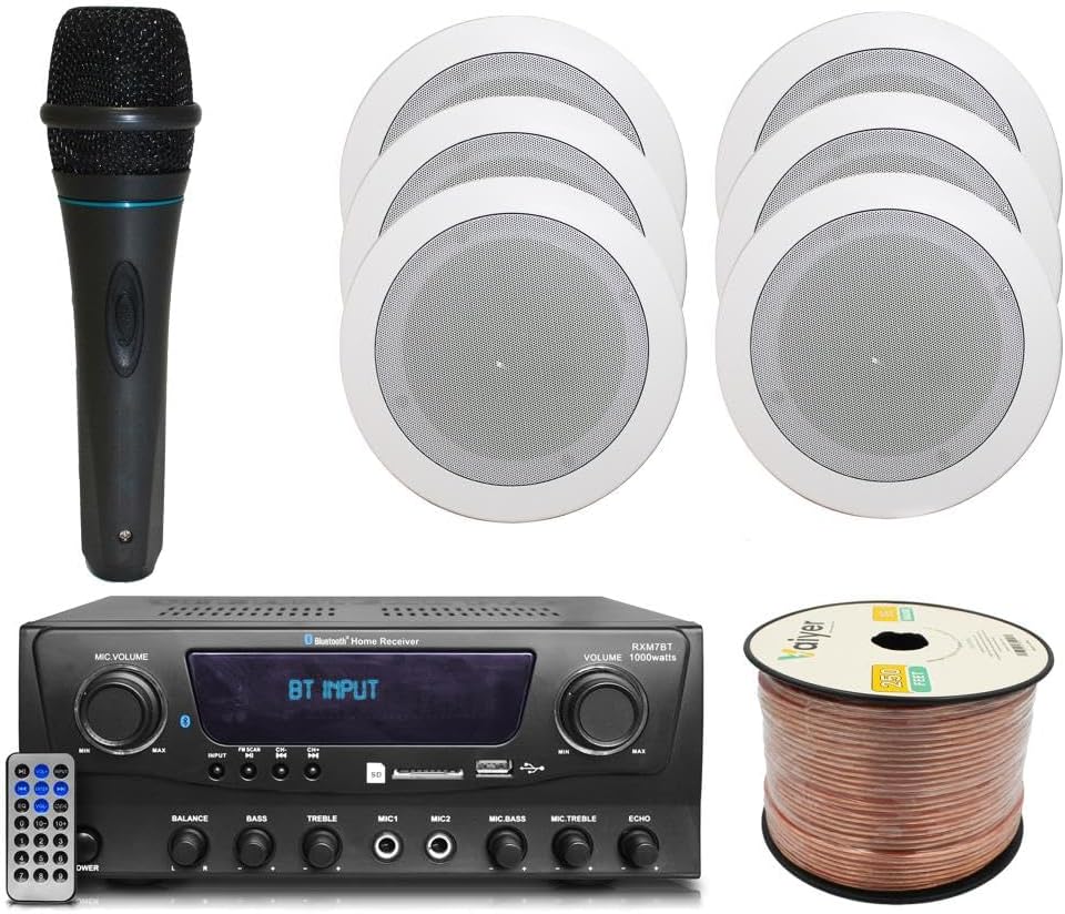 Home Theater System Kit 1000 Watts Bluetooth Receiver w/ 6 Qty 5.25″ 175 Watts Each in-Wall in-Ceiling Speakers & 16 Gauge 250 ft. Speaker Wire Portable Microphone w/Remote Control by Technical Pro