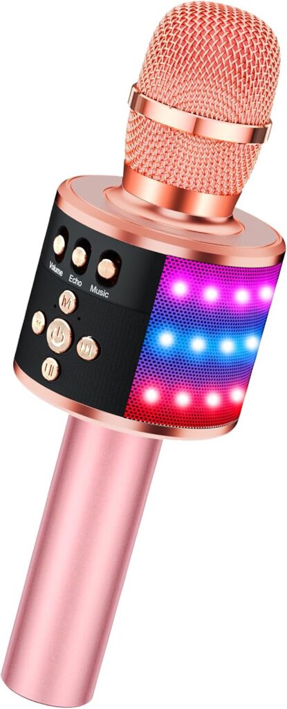 BONAOK Karaoke Microphone for Kids & Adults – Bluetooth Microphones Singing Mic with Disco Lights, Echo Effect, Built-in Speaker Portable Karaoke Player for Party Travel Gifts Q78(Rose Gold)