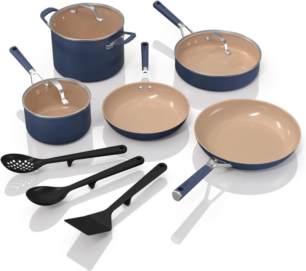 Ninja Ceramic Cookware Set, Extended Life 11-Piece Kitchen Cookware Sets with Comfort Grip, Nonstick Fry Pans, Pots, PTFE Free, Oven & Dishwasher Safe, Stovetop Compatible, Navy Blue, CW49011