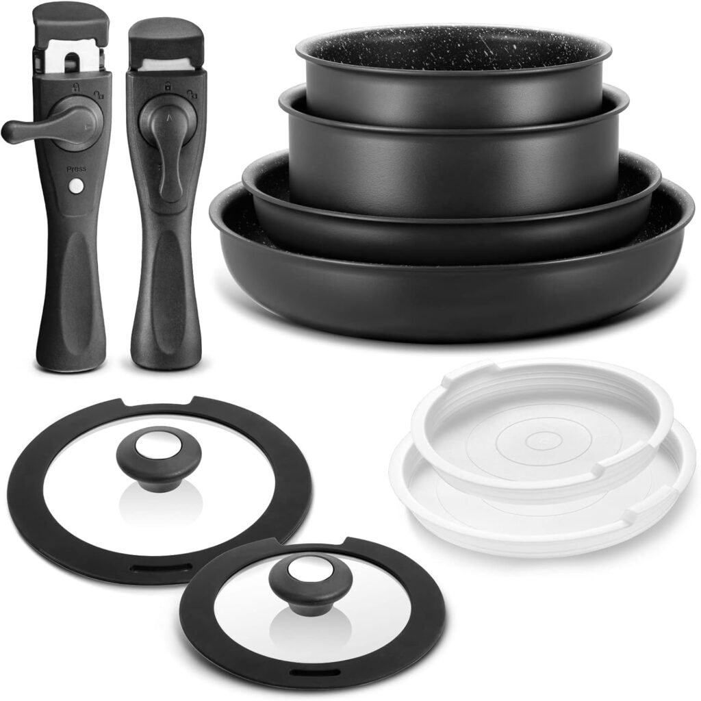 BEZIA Induction Cookware Set 10 Pieces, Nonstick Pots and Pans Set with Removable Handles, for All Hobs, Stackable Design, Dishwasher/Oven Safe, PFAS Free