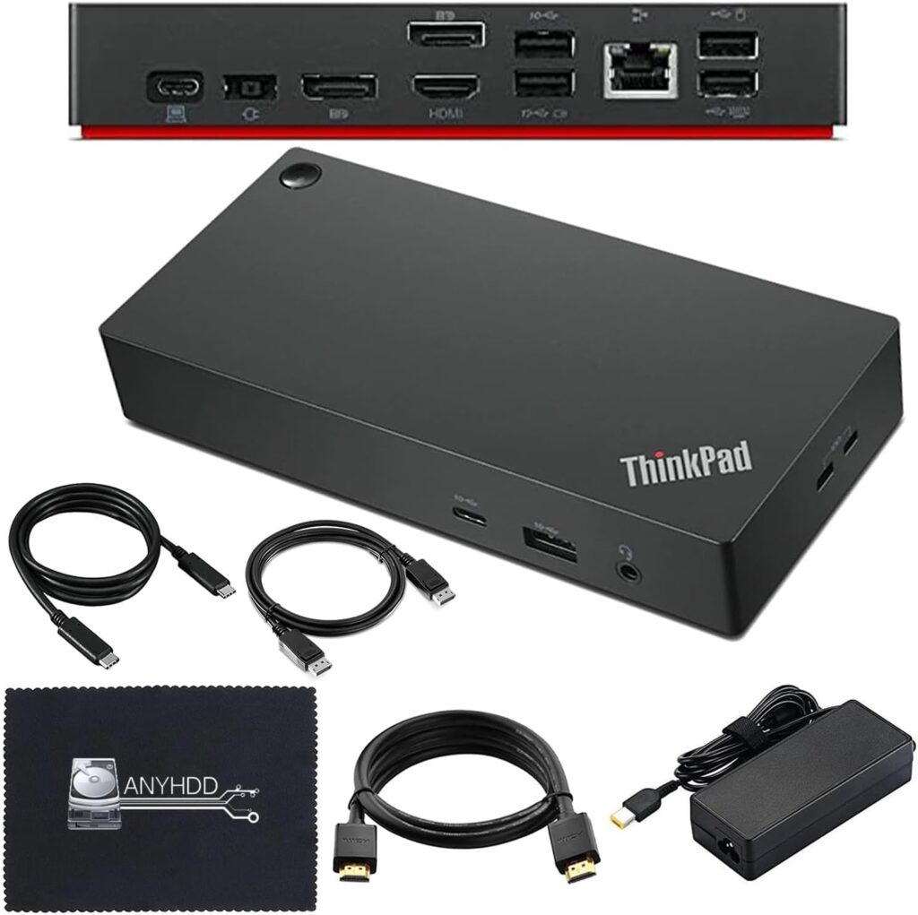 40AY0090US Lenovo Thinkpad Docking Station Dual Monitor – Supports 4K Display, Thinkpad Dock with 90W Adapter, HDMI, DisplayPort, USB C Cables & Cloth – Lenovo Docking Station