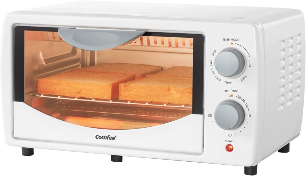 COMFEE’ Countertop Oven, Small Toaster Oven Combo 4 slice, Mini Oven for 9″ Pizza, Compact Oven, Bake, Broil, 950W, White, CTO-E101A(WH)