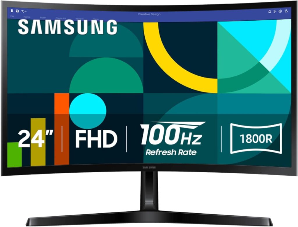 SAMSUNG 24″ Essential S3 (S36GD) Series FHD 1800R Curved Computer Monitor, 100Hz, Game Mode, Advanced Eye Comfort, HDMI and D-sub Ports, LS24D366GANXZA