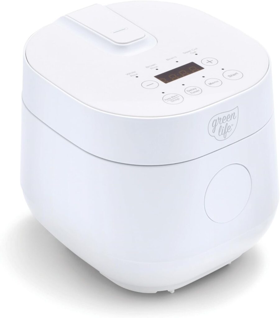 GreenLife Digital Rice & Beans Cooker, 2-Cups Uncooked/4-Cups Cooked, Removable Nonstick Ceramic PFAS-Free Pot, One-Touch Presets, Oats, Quinoa, Brown Rice, Auto Keep Warm, Fuzzy Logic Tech, 1.5 QT, White