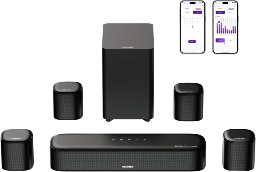 ULTIMEA 7.1ch Sound Bar with Dolby Atmos, Surround Sound System for TV with 4 Surround Speakers, Sound Bar for Smart TV with App Control, Soundbar with Subwoofer for Home Theater, HDMI eARC, Aura A60