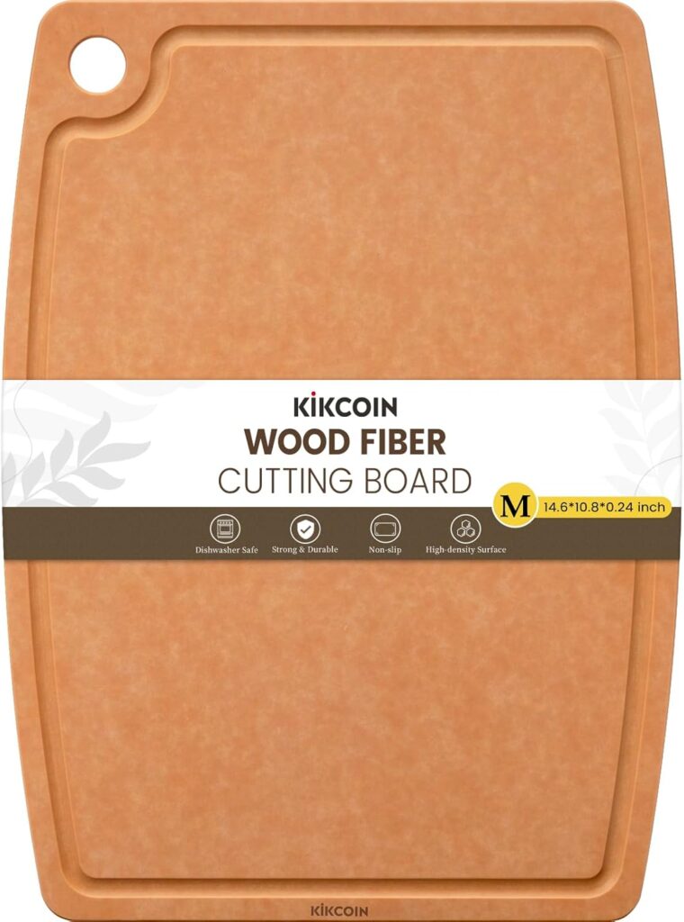 Kikcoin Wood Cutting Board, Cutting Boards for Kitchen Dishwasher Safe Non-slip Chopping Board with Juice Groove, Wood Fiber Composite Cutting Board with Hanging Hole, 14.6″*10.8″