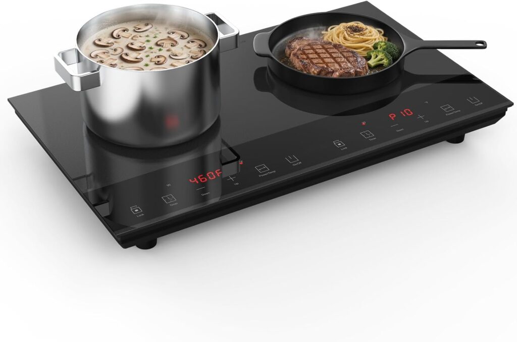 Double Induction Cooktop, Nuopuplai Induction Cooker 2 Countertop Burners, Independent Control With 1800W Sensor Touch,10 Temperature & Power Levels,3-hour Timer,Safety Lock For Cooking