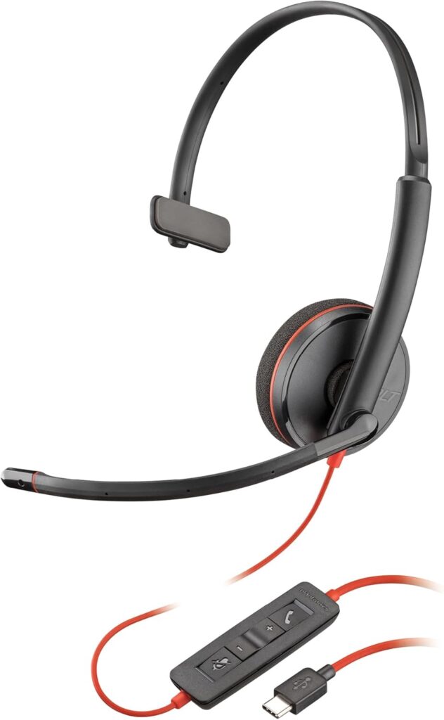 Poly Blackwire 3210 Wired Headset (Plantronics) – Noise-Canceling Mic – Single-Ear Design – Connect to PC/Mac via USB-C or USB-A – Works w/Teams, Zoom – Amazon Exclusive
