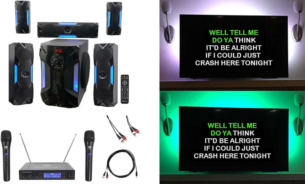 Rockville Bluetooth Home Theater Karaoke Machine System w/8″ Sub + Wireless Mics