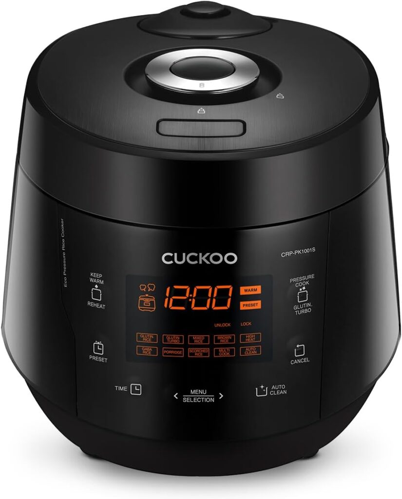 CUCKOO High Pressure Rice Cooker 10-Cup Uncooked / 20-Cup Cooked with Nonstick Inner Pot, Large Rice Maker with 13 Menu Options and Steam Plate, Fuzzy Logic Tech, Auto Clean, Black (CRP-PK1001S)