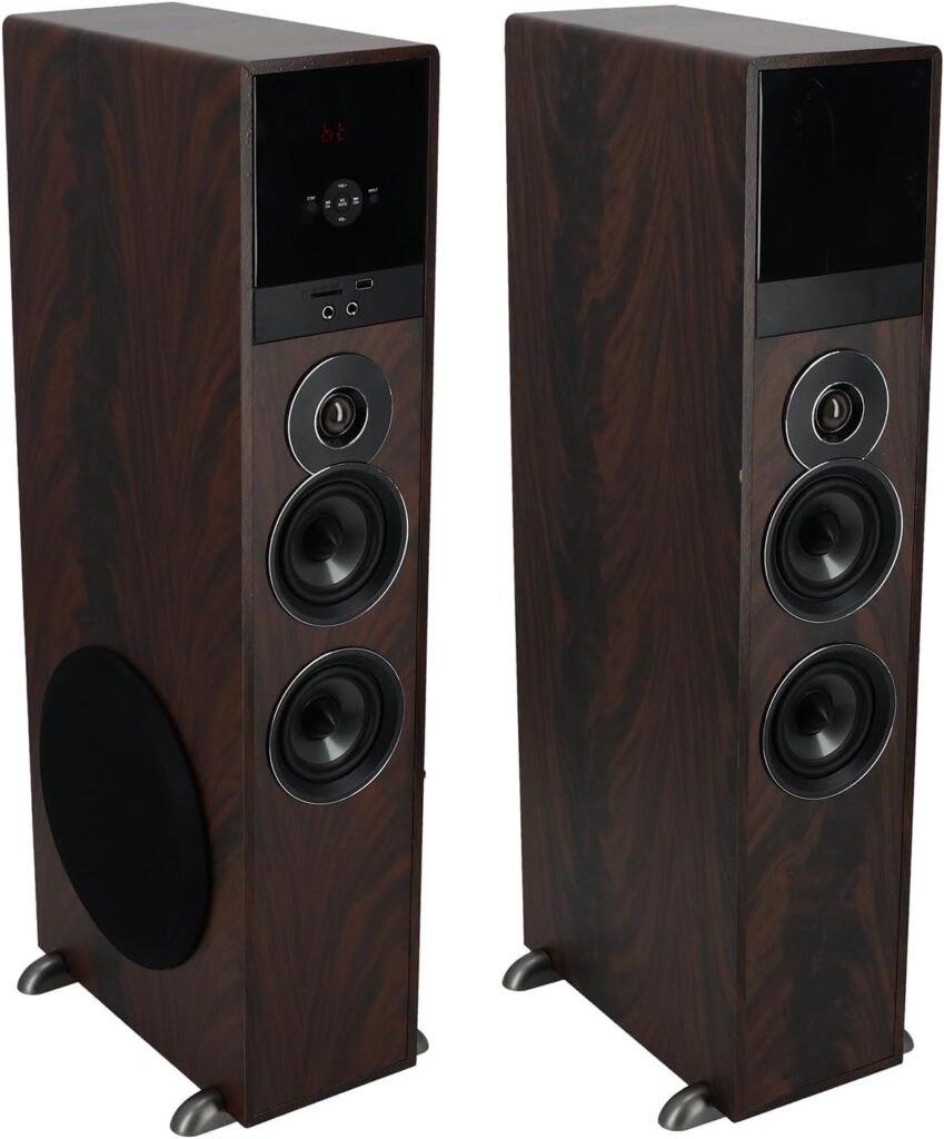 Rockville TM80D Powered Home Theater Tower Speaker System, Dark Wood, 800W, 8″ Subwoofers, Bluetooth, USB/SD Playback, FM Radio, Remote Control, Karaoke Ready, Perfect for Home Entertainment