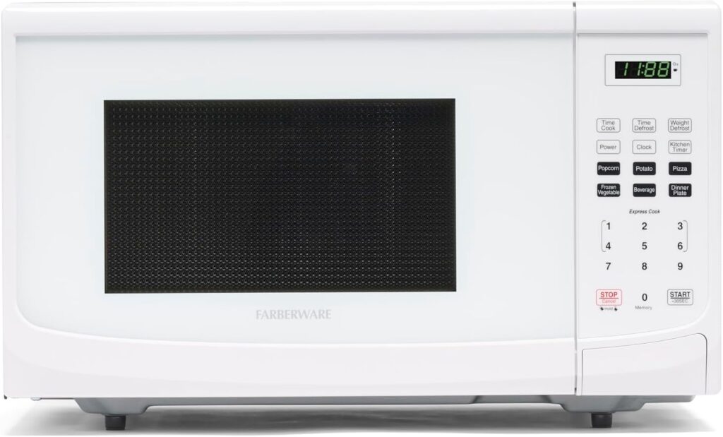 Farberware 0.9 Cu. Ft. Countertop Microwave Oven – 900 Watts Power, Auto Cook Settings, Defrost, Easy Clean and Child Safety Lock – White