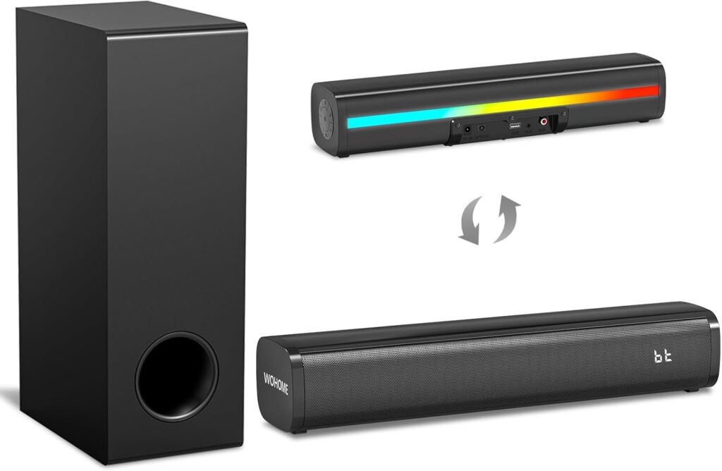 Wohome Sound Bar with 5.25-Inch Wired Subwoofer for Smart TV, 2.1 CH Small TV Soundbar Speakers with Colorful Backlight Support Bluetooth 5.3/Optical/AUX/USB Connectivity, S100 (Black with Subwoofer)