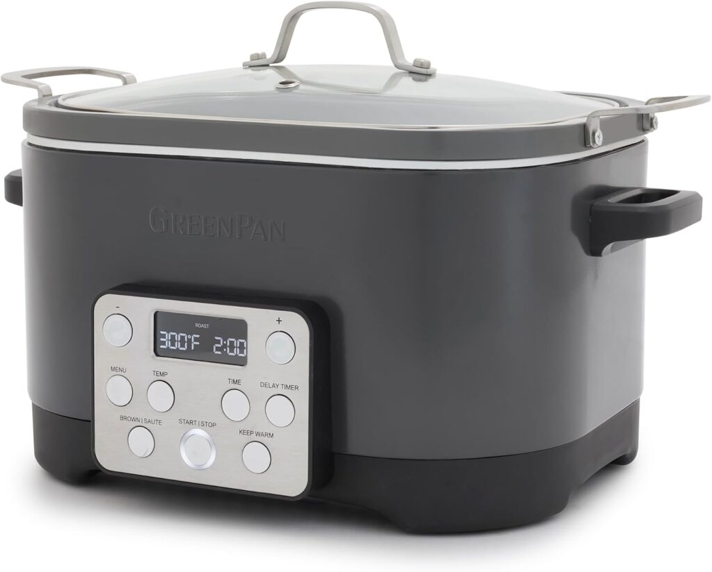 GreenPan Electric 6QT Slow Cooker with Lid, Ceramic Nonstick PFAS-Free Removable Pot, 5-in-1 Multifunction Design, In-Pot-Browning, Keep Warm Setting, Dishwasher & Oven Safe Inner Bowl, Graphite