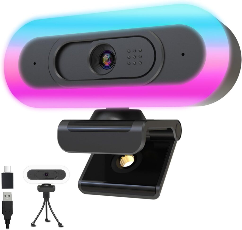 2K Webcam for PC,Streaming Computer Camera with Fill RGB Lights,Autofocus Webcam with Microphone and Cover,Plug-Play USB Web cam for Desktop Computer,Meeting,Gaming,Video Calling